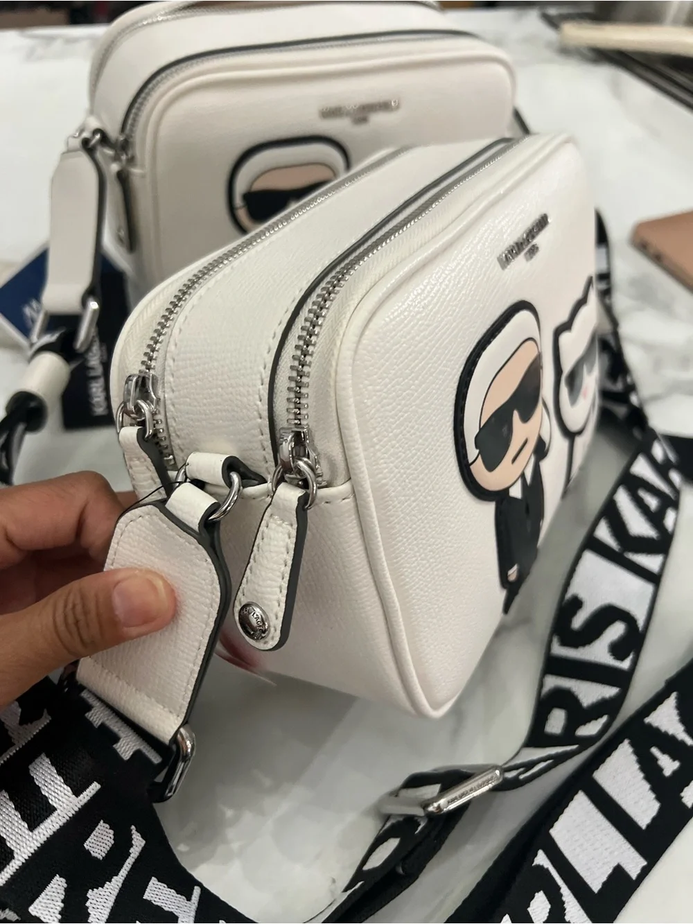 Karl Lagerfeld White Leather Crossbody Bag with Character Motif - 1pc only